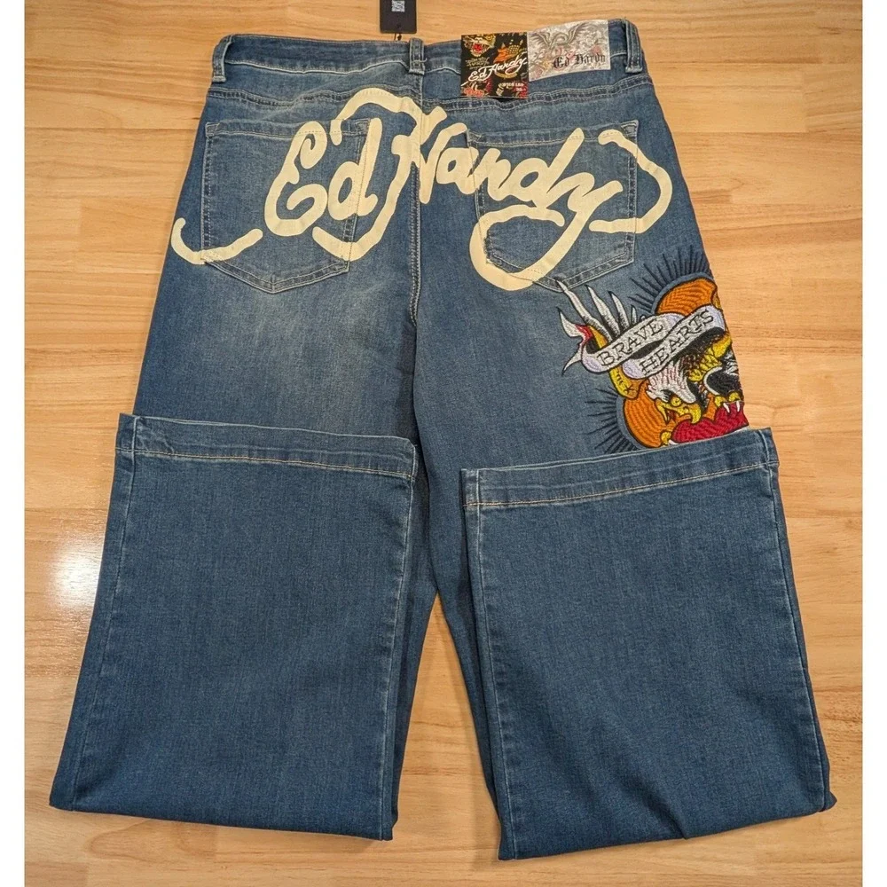 Ed Hardy Mens 32 Wide Leg Embroidered Jeans Medium‎ Vintage Blue NEW